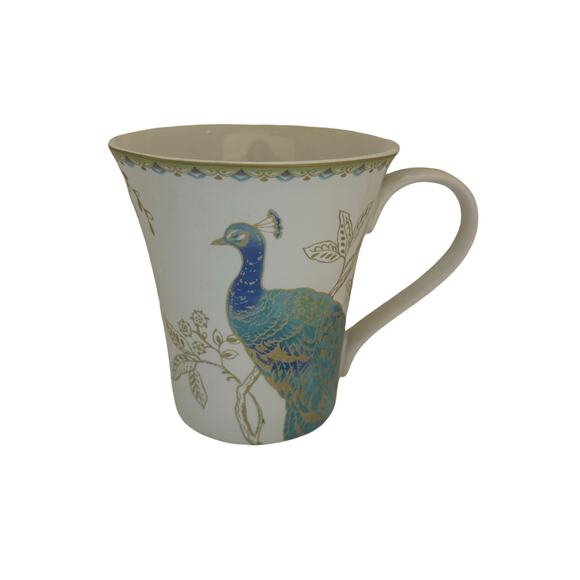 222 Fifth Peacock Garden Pattern Coffee Tea Mug 10oz Turquoise & Gold - Picture 1 of 6